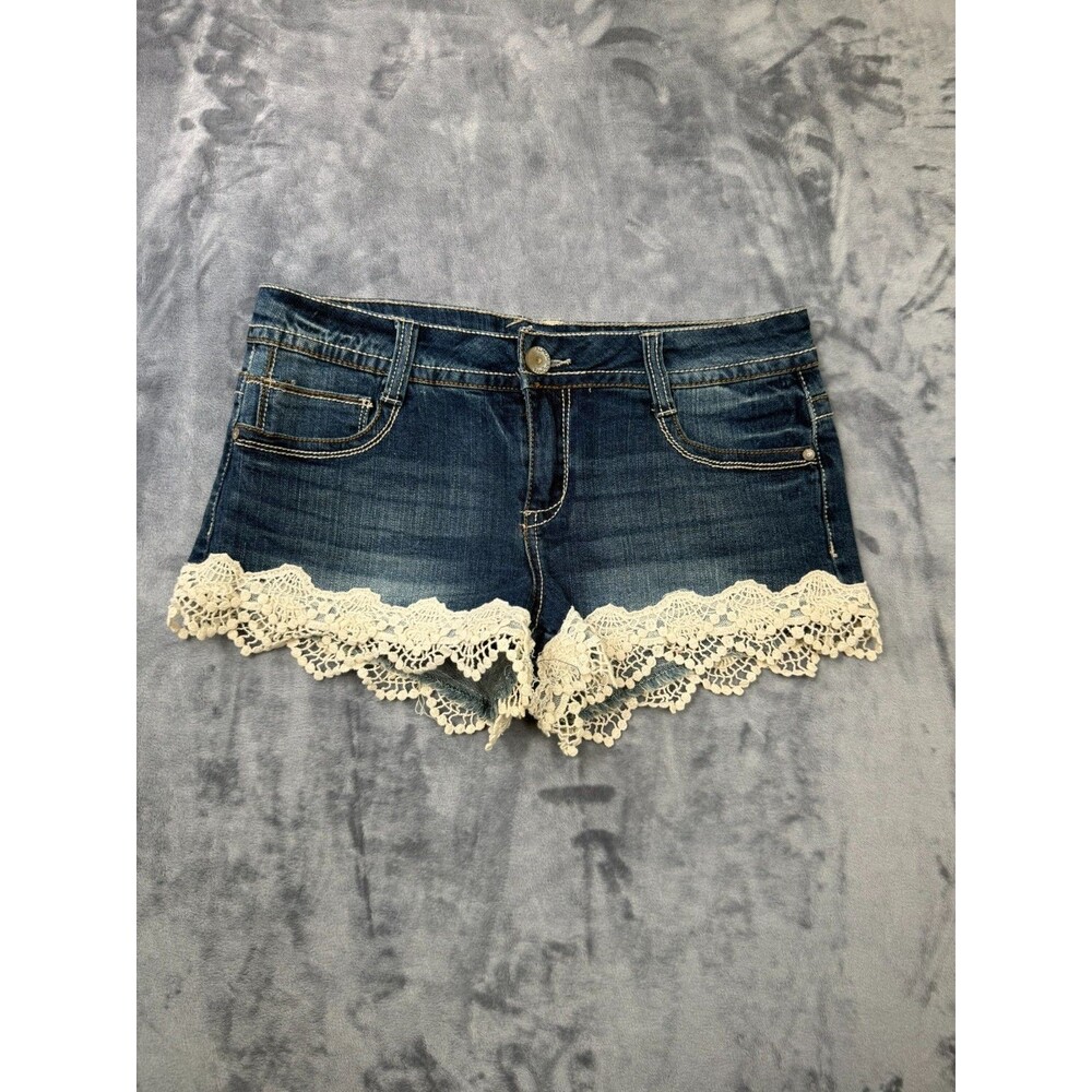 Almost Famous Denim Shorts Dark Wash Mid Rise White Lace Women’s Size 9
